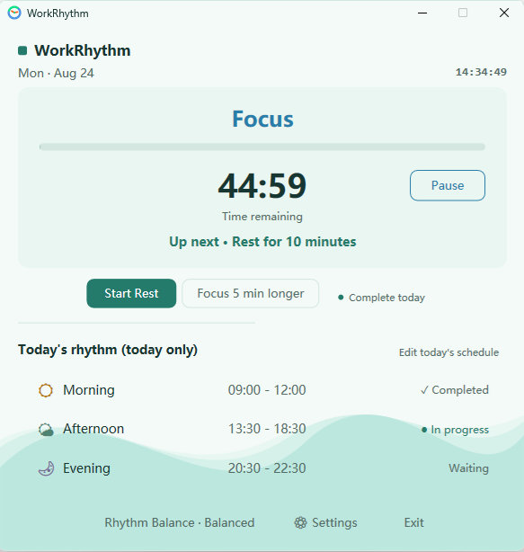 WorkRhythm Calm theme focus screen