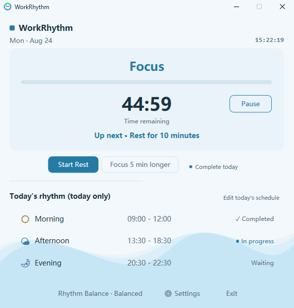 WorkRhythm Ocean theme focus screen